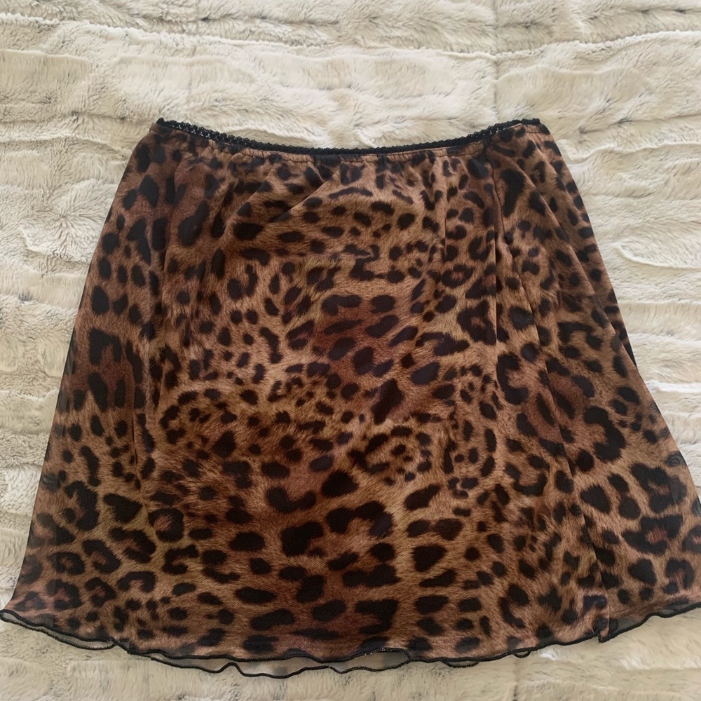 Tan Leopard Print Mesh Lettuce Hem Skirt (PLT)
